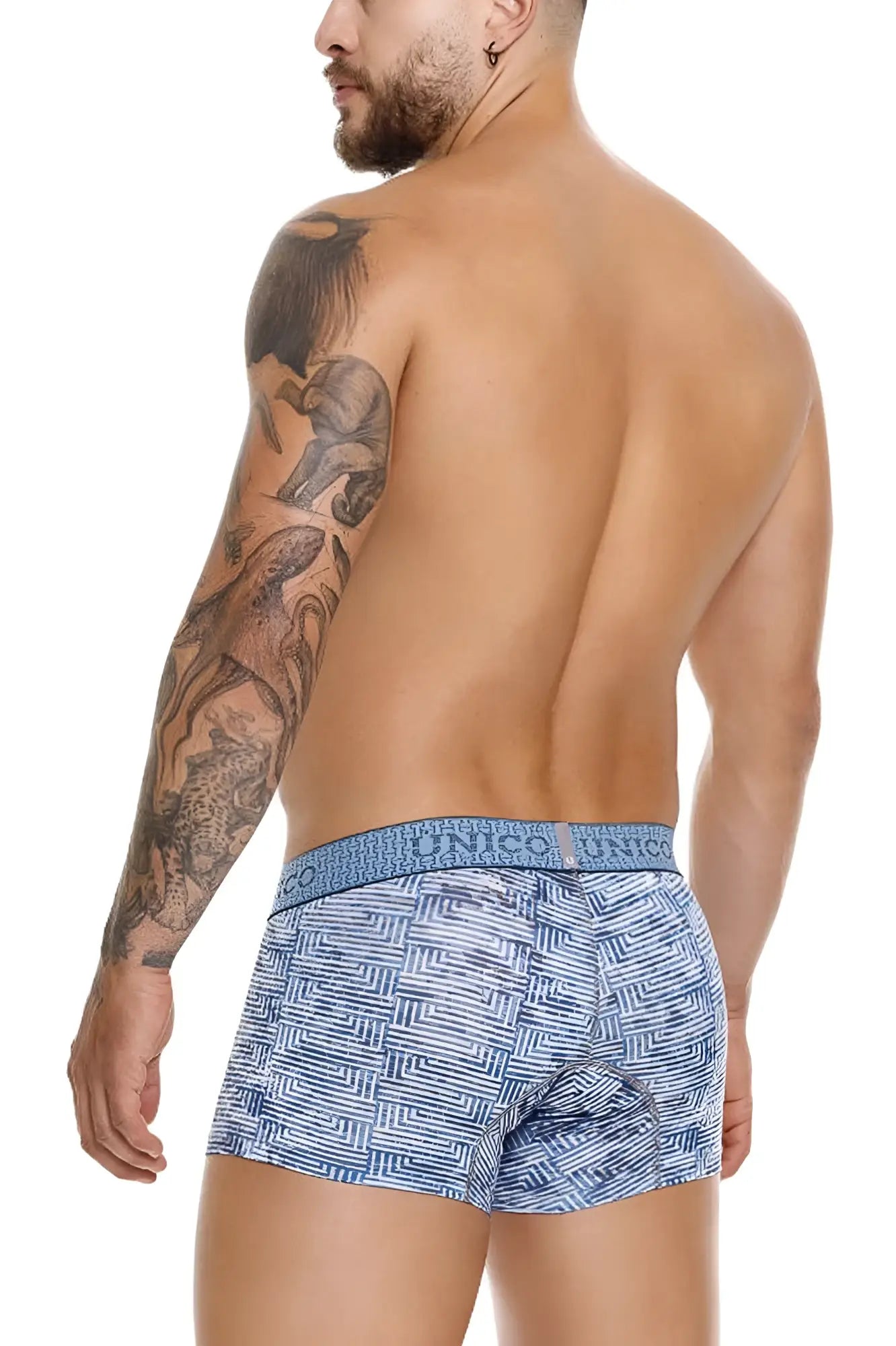Unico 25020100111 ostion blue boxer briefs with textured geometric design and branded elastic waistband