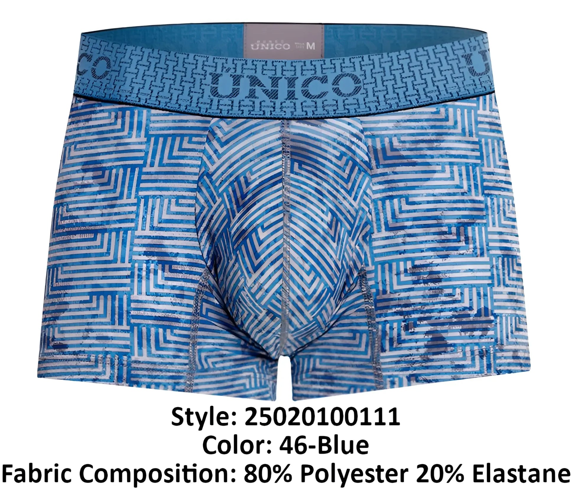 Unico 25020100111 Ostion trunks blue men’s boxer briefs with geometric pattern and elastic waistband