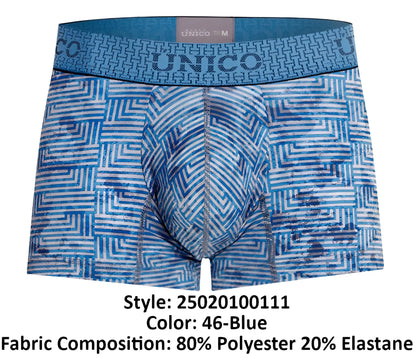 Unico 25020100111 Ostion trunks blue men’s boxer briefs with geometric pattern and elastic waistband
