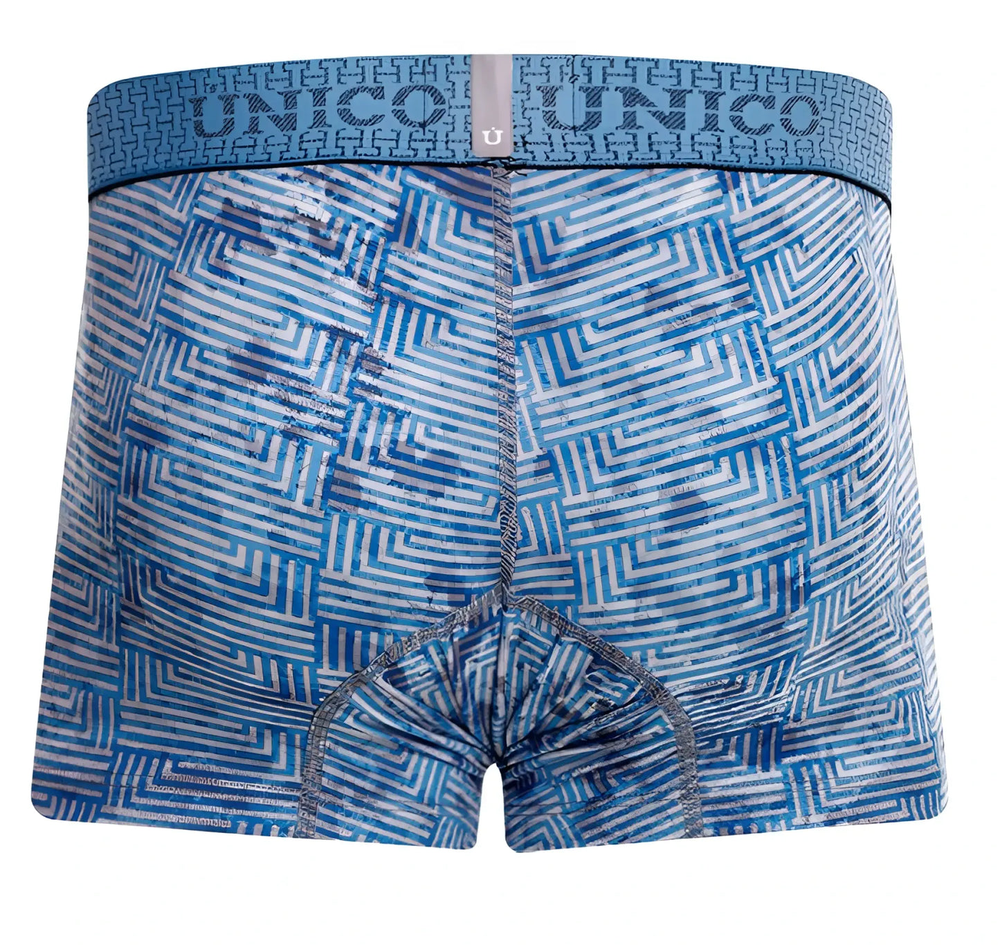 Unico 25020100111 Ostion trunks blue and white geometric-patterned boxer briefs with matching elastic waistband
