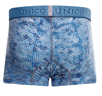 Unico 25020100111 Ostion trunks blue and white geometric-patterned boxer briefs with matching elastic waistband