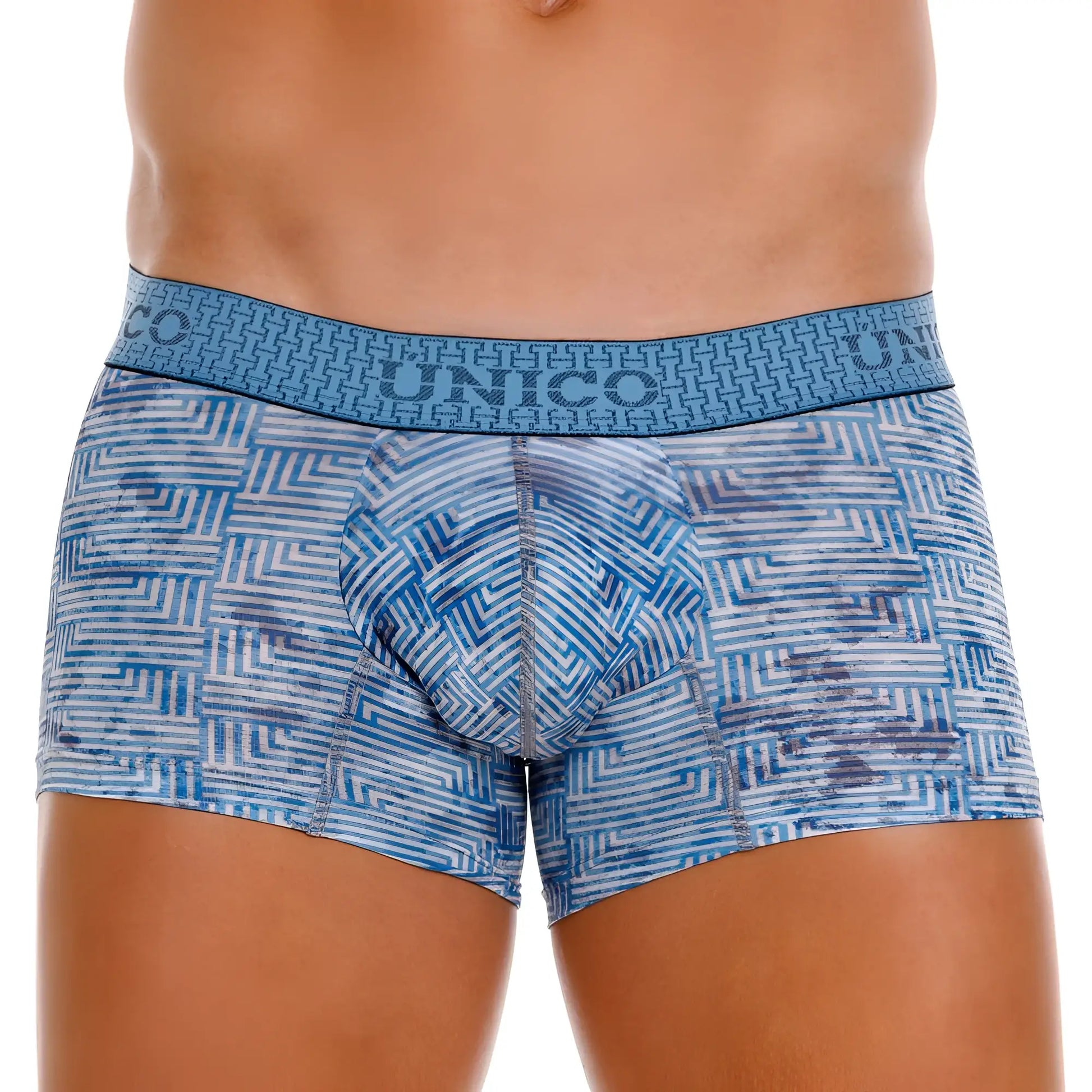 Blue and white geometric-patterned unico 25020100111 ostion trunks with matching elastic waistband