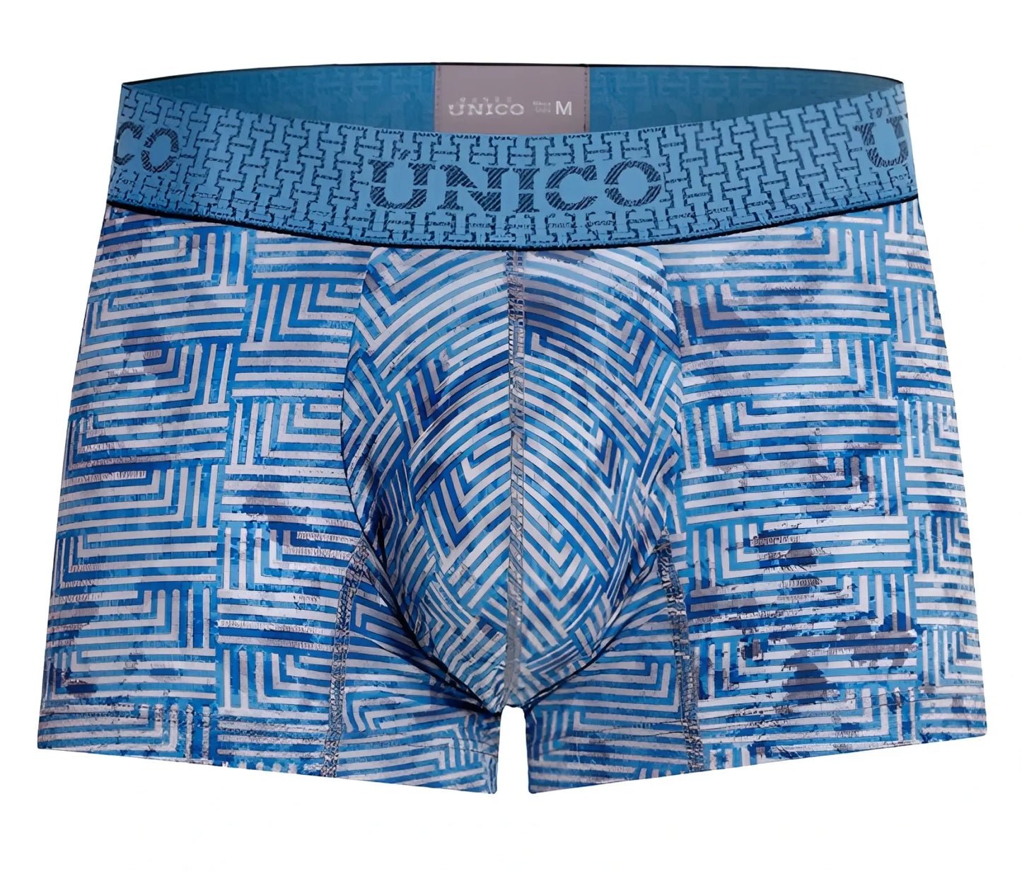 Unico 25020100111 ostion trunks mens boxer briefs with blue and white geometric pattern and matching elastic waistband