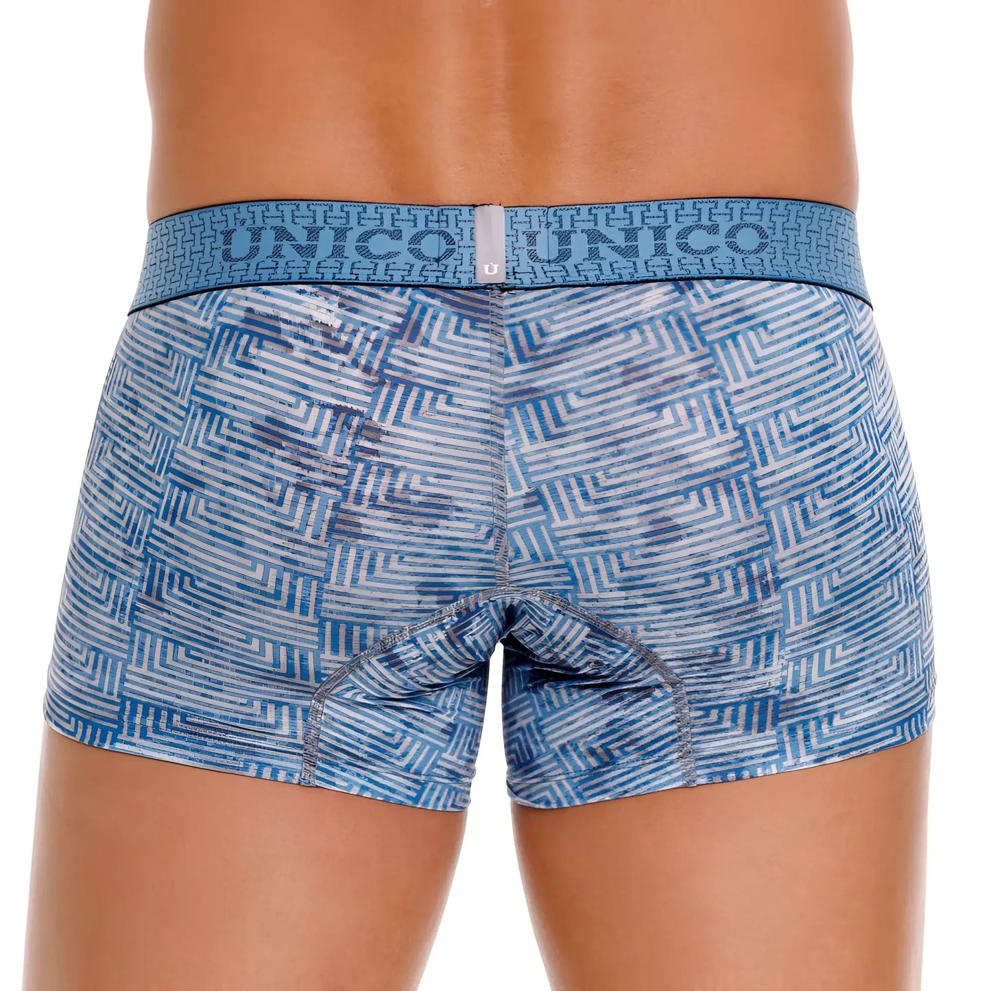Blue and white geometric patterned unico men’s boxer briefs with matching elastic waistband color 46 blue