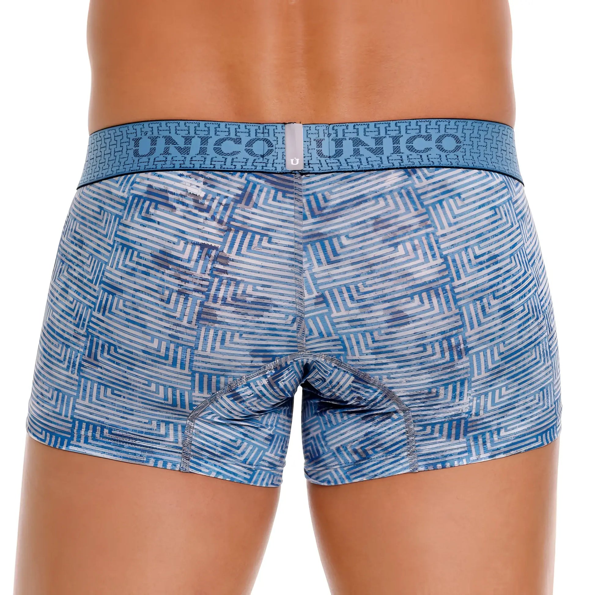 Blue and white geometric patterned unico men’s boxer briefs with matching elastic waistband color 46 blue
