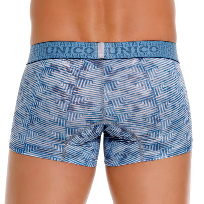 Blue and white geometric patterned unico men’s boxer briefs with matching elastic waistband color 46 blue