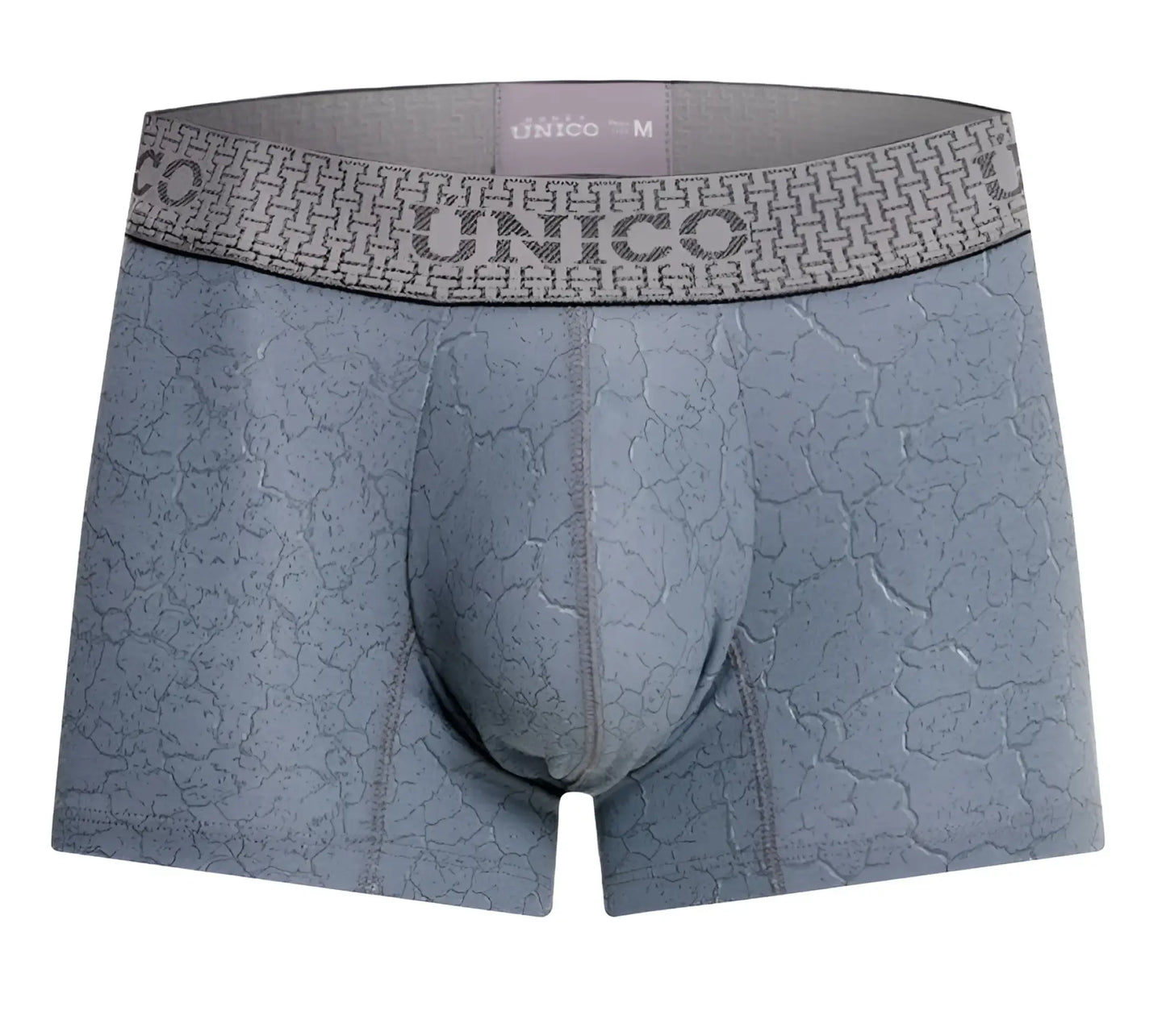 Gray unico men’s boxer briefs with subtle cracked texture pattern and branded waistband in baldio trunks color 59 gray