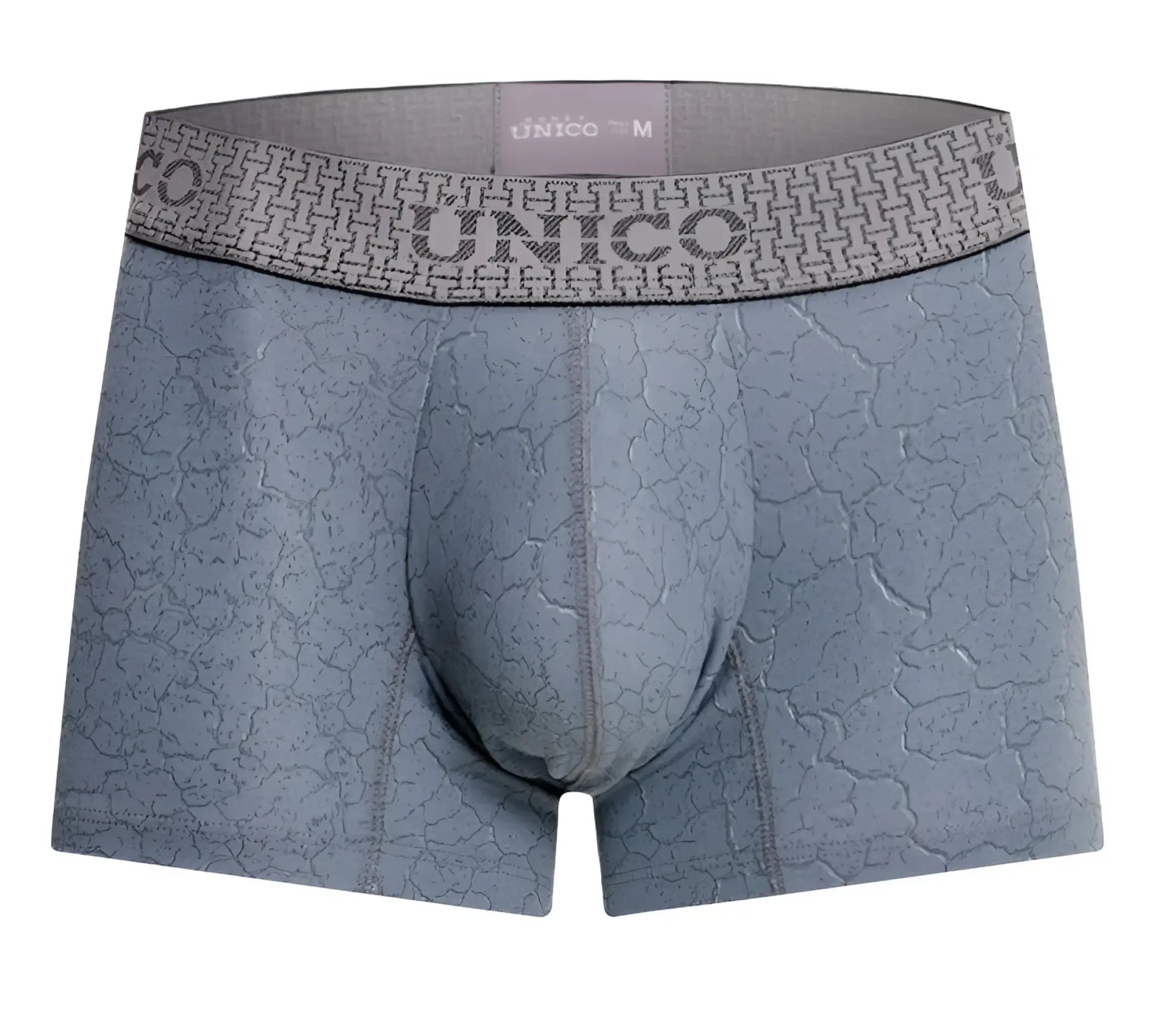 Gray unico men’s boxer briefs with subtle cracked texture pattern and branded waistband in baldio trunks color 59 gray