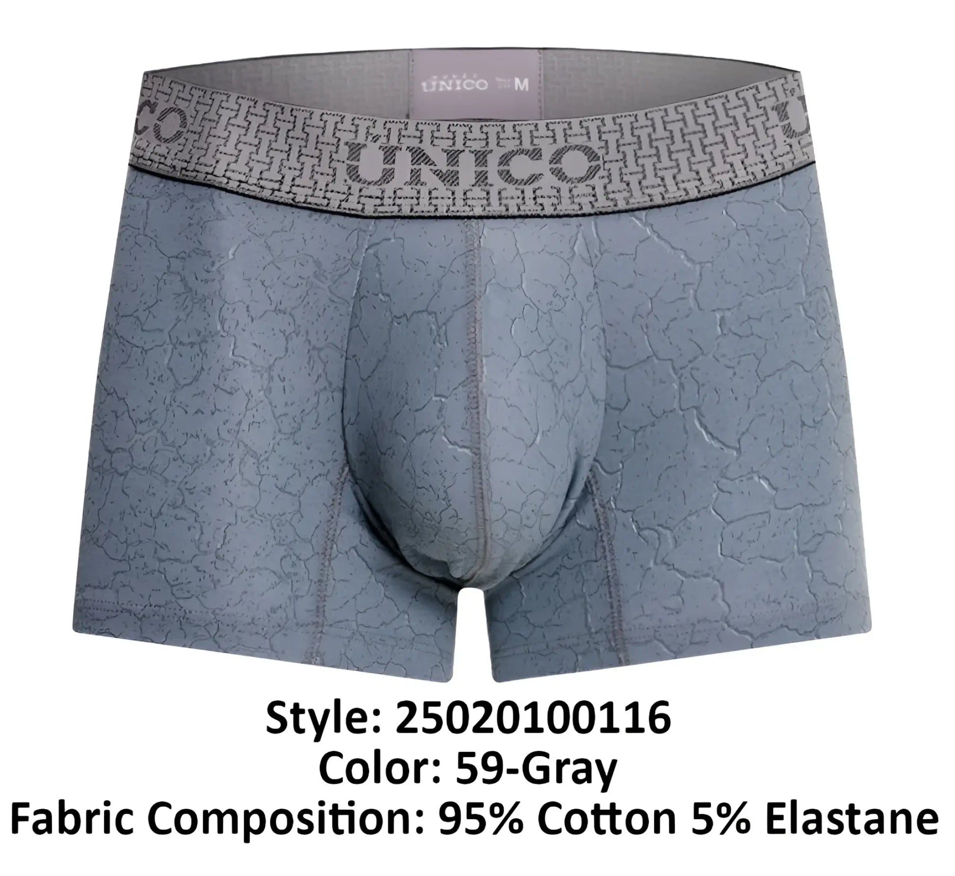 Gray unico 25020100116 baldio men’s boxer briefs with subtle cracked texture and branded matching waistband