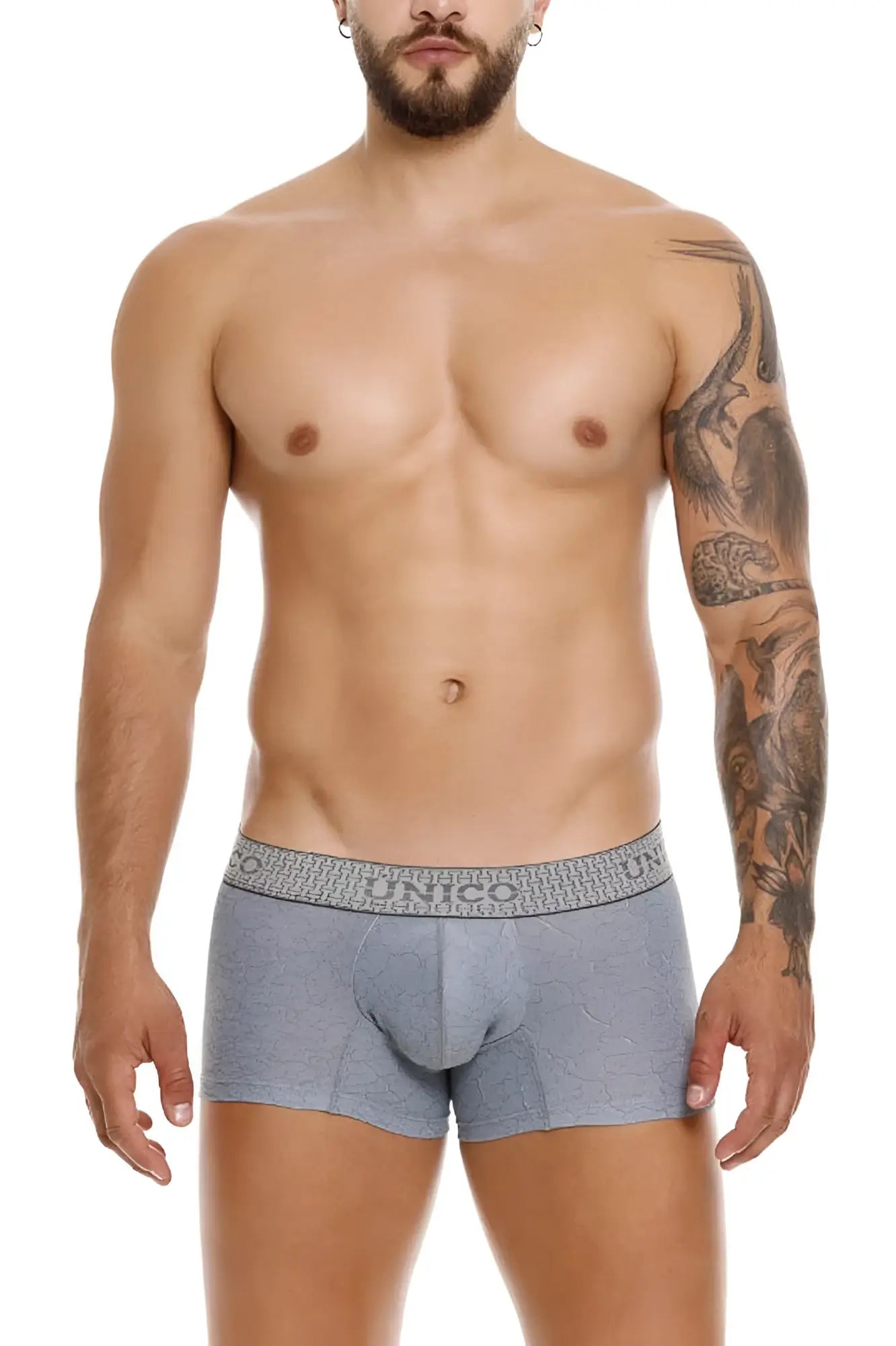 Gray patterned unico 25020100116 baldio trunks boxer briefs with textured waistband featuring brand name