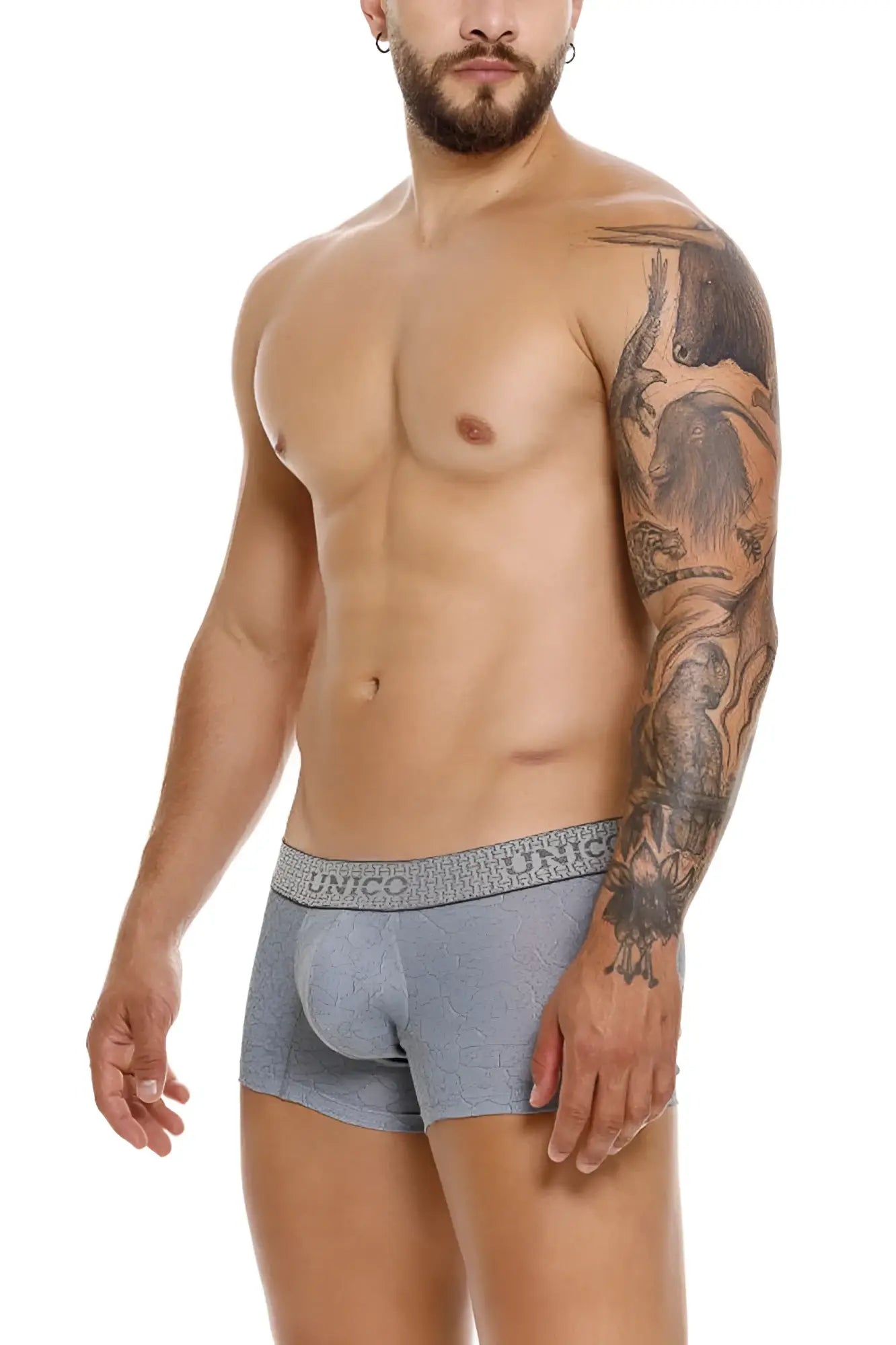 Gray unico 25020100116 baldio trunks briefs with textured fabric and elastic waistband featuring unico brand name