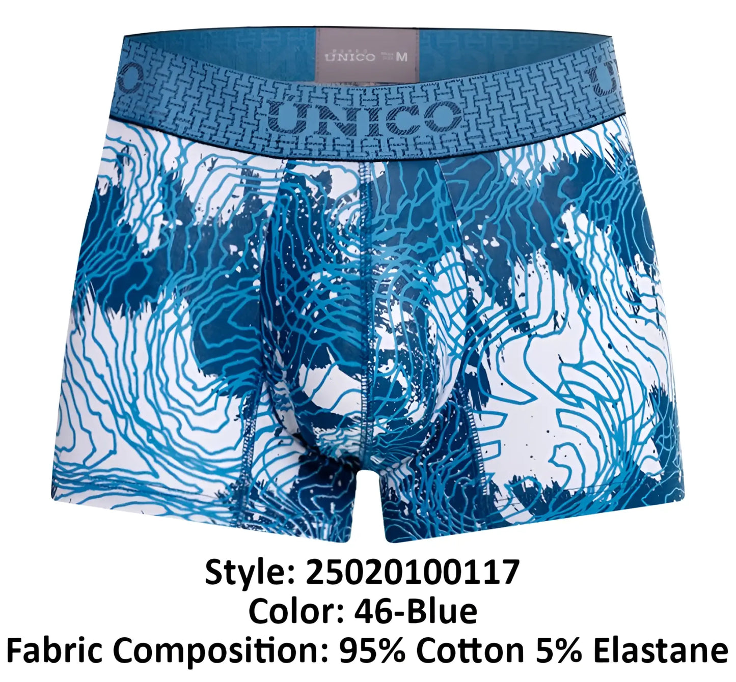 Unico 25020100117 barniz trunks blue men’s boxer briefs with white pattern and geometric waistband design