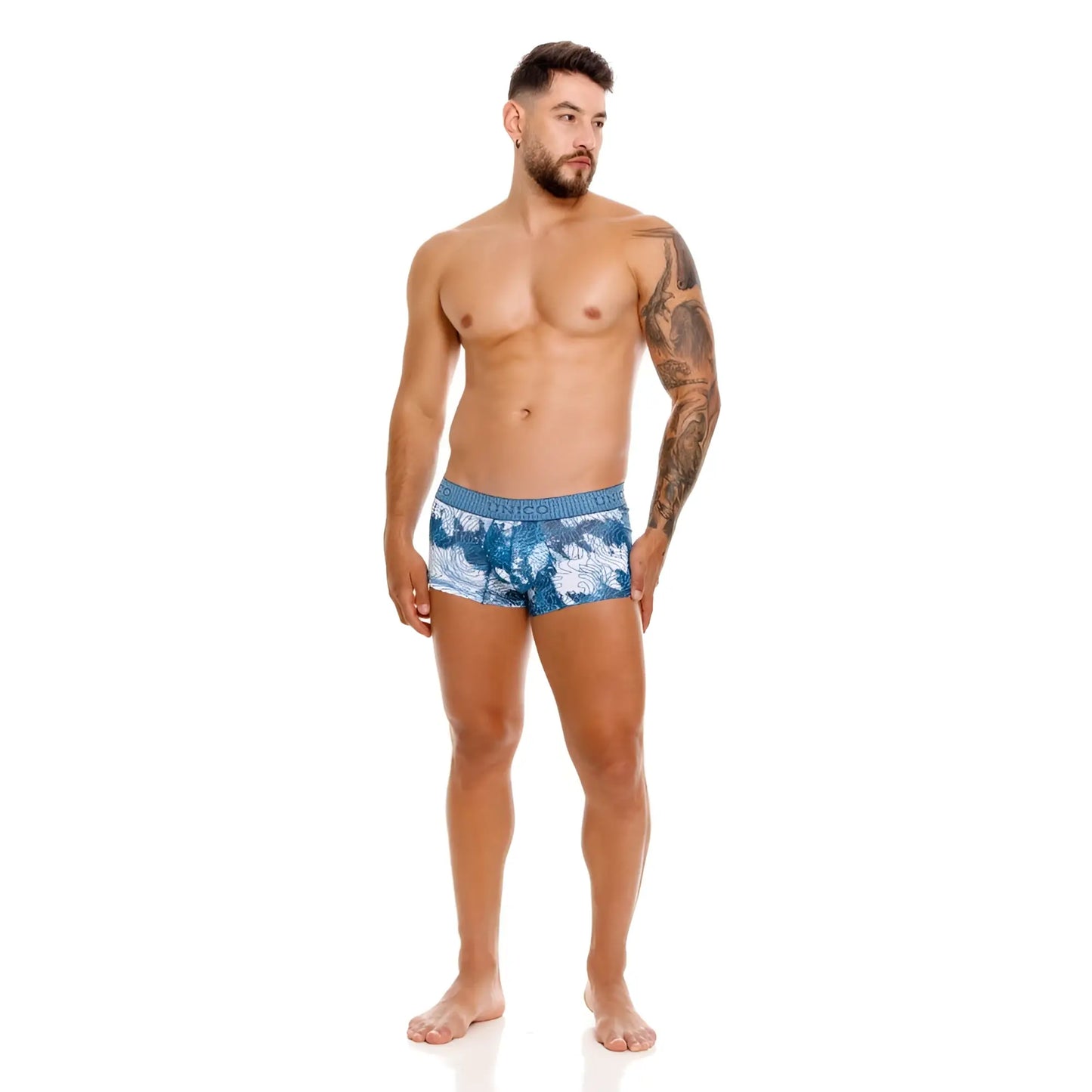 Unico 25020100117 barniz trunks color 46-blue blue and white tropical leaf patterned men’s briefs front side view
