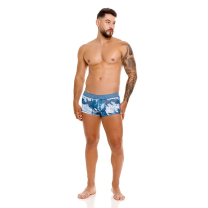 Unico 25020100117 barniz trunks color 46-blue blue and white tropical leaf patterned men’s briefs front side view