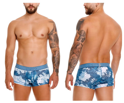 Blue and white wave-patterned boxer briefs with textured elastic waistband from unico barniz trunks color 46-blue