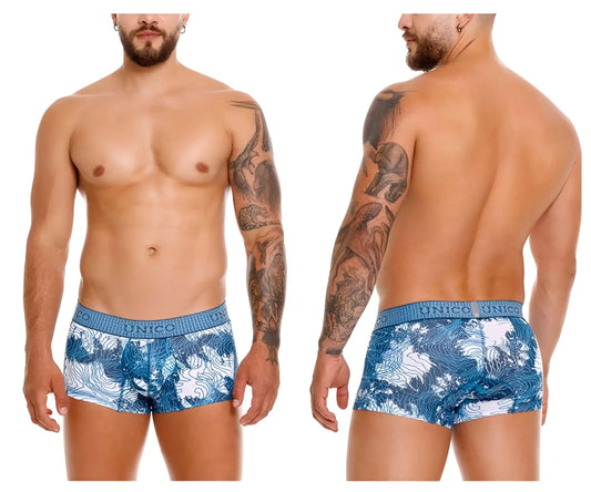 Blue and white wave-patterned boxer briefs with textured elastic waistband from unico barniz trunks color 46-blue