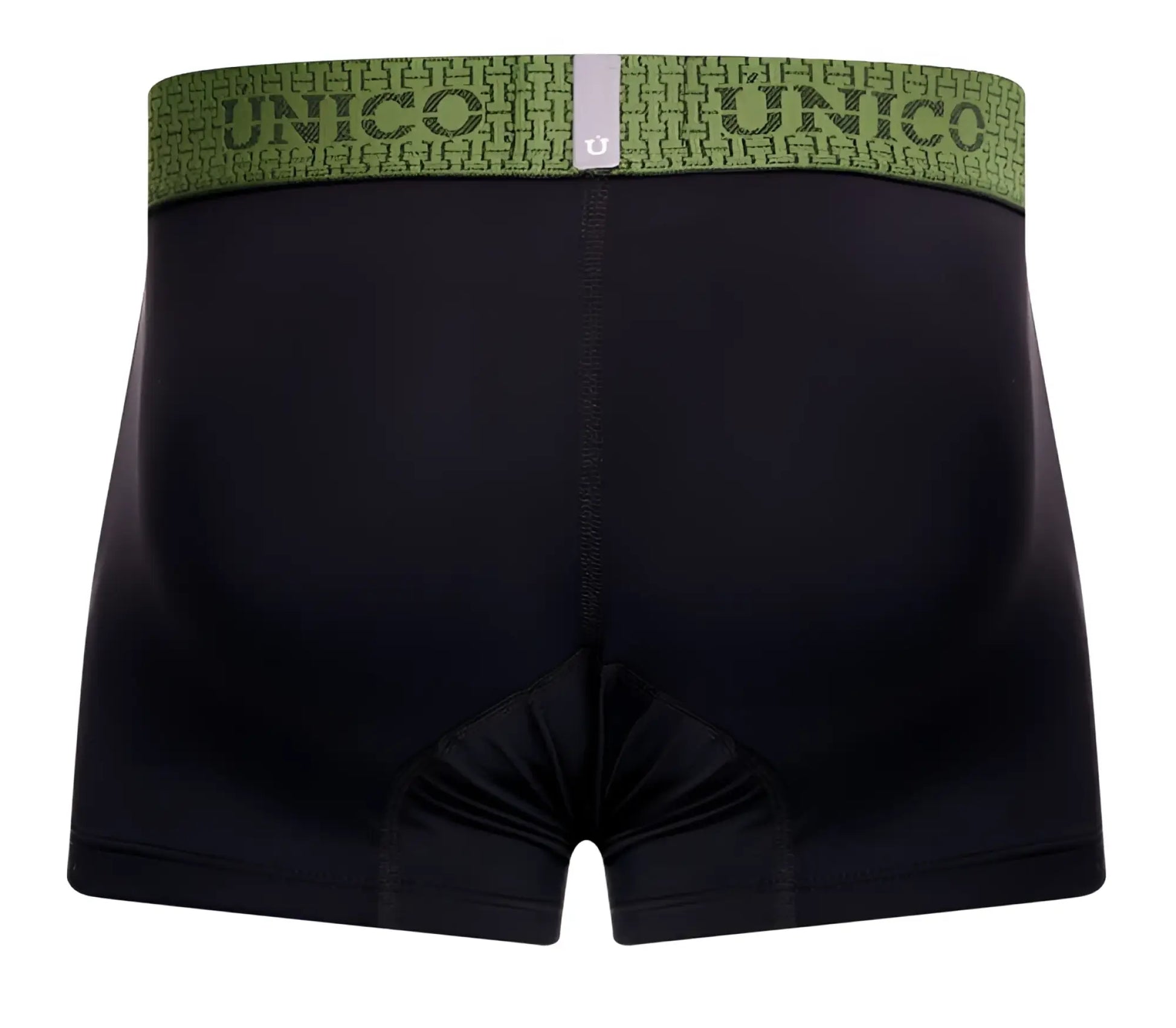 Black unico 25020100121 tribunal trunks boxer briefs with green patterned waistband featuring brand name