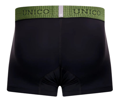 Black unico 25020100121 tribunal trunks boxer briefs with green patterned waistband featuring brand name