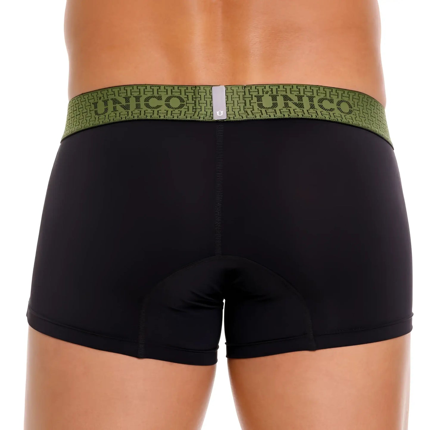 Black unico tribunal trunks with olive green geometric waistband and brand name in color 99 black front view