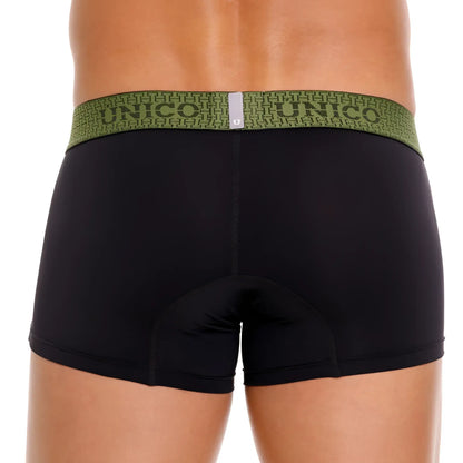 Black unico tribunal trunks with olive green geometric waistband and brand name in color 99 black front view