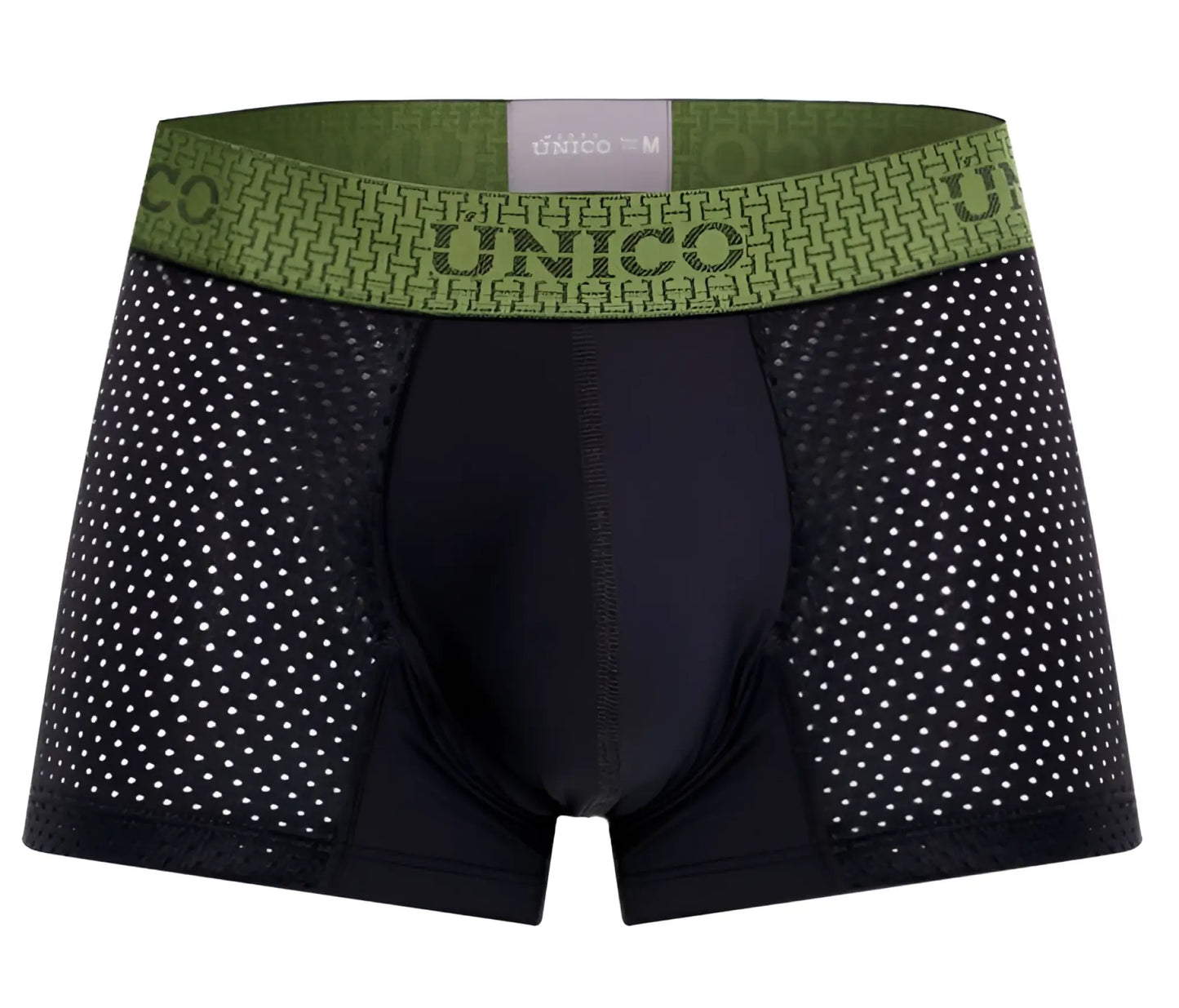 Black unico 25020100121 tribunal trunks boxer briefs with green patterned waistband and size label in black color