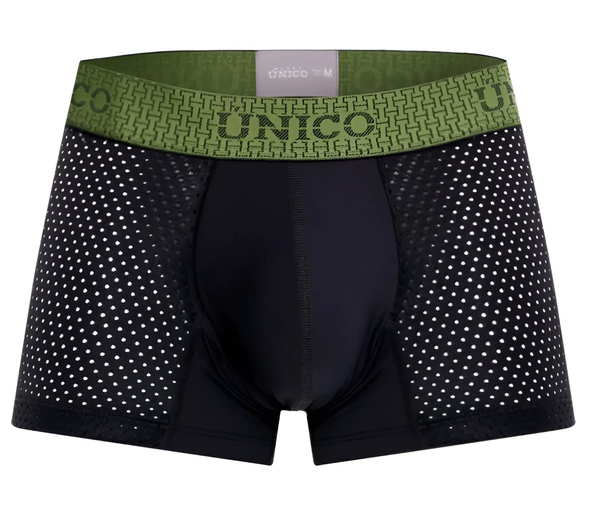 Black unico 25020100121 tribunal trunks boxer briefs with green patterned waistband and size label in black color
