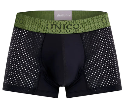 Black unico 25020100121 tribunal trunks boxer briefs with green patterned waistband and size label in black color