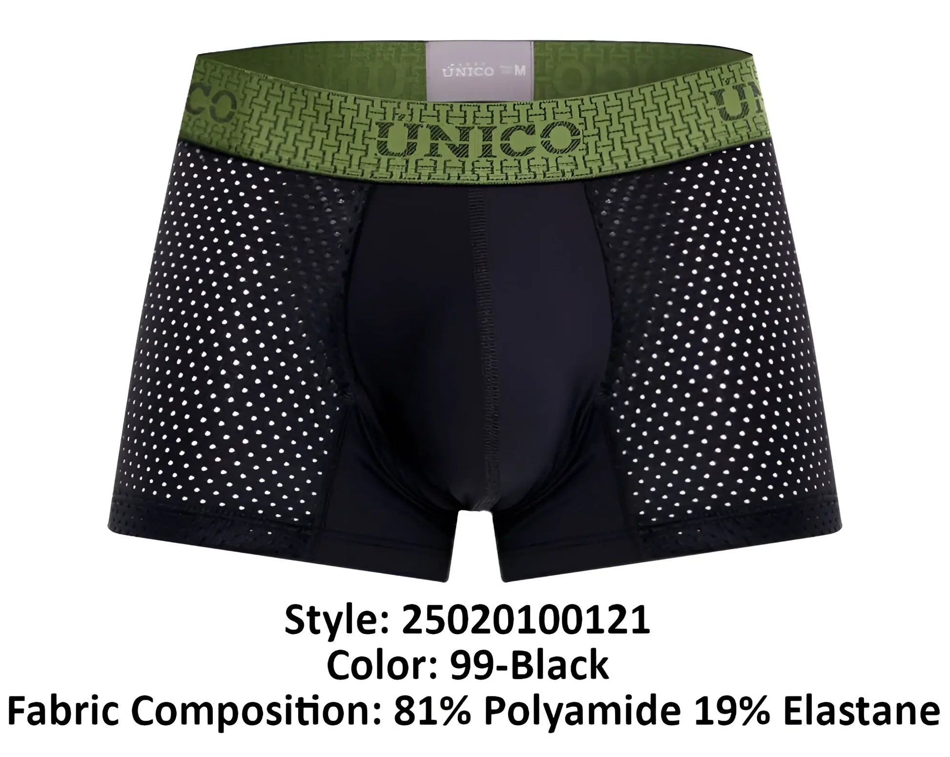 Black unico 25020100121 tribunal trunks boxer briefs with green patterned waistband and bold unico branding