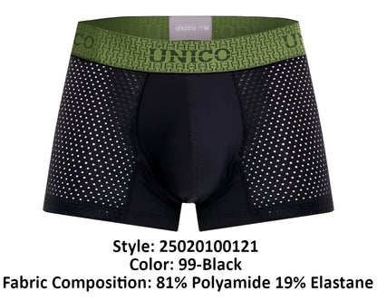 Black unico 25020100121 tribunal trunks boxer briefs with green patterned waistband and bold unico branding