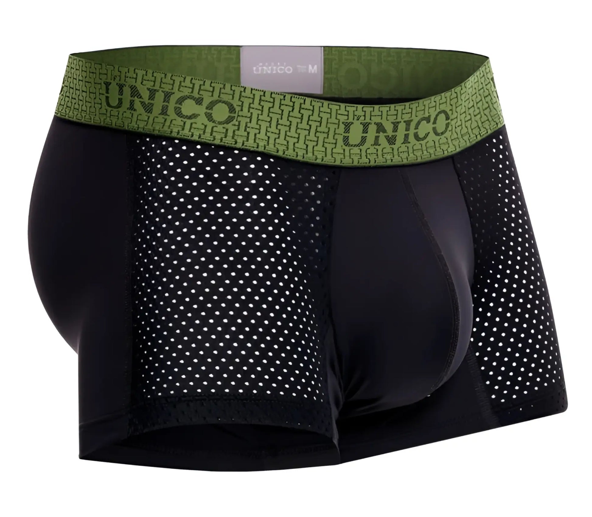 Black unico men’s boxer briefs with green patterned waistband featuring brand name model tribunal trunks color 99-black