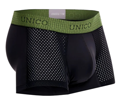 Black unico men’s boxer briefs with green patterned waistband featuring brand name model tribunal trunks color 99-black