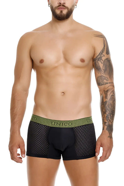 Black mesh boxer briefs with green elastic waistband featuring lunco branding unico 25020100121 tribunal trunks