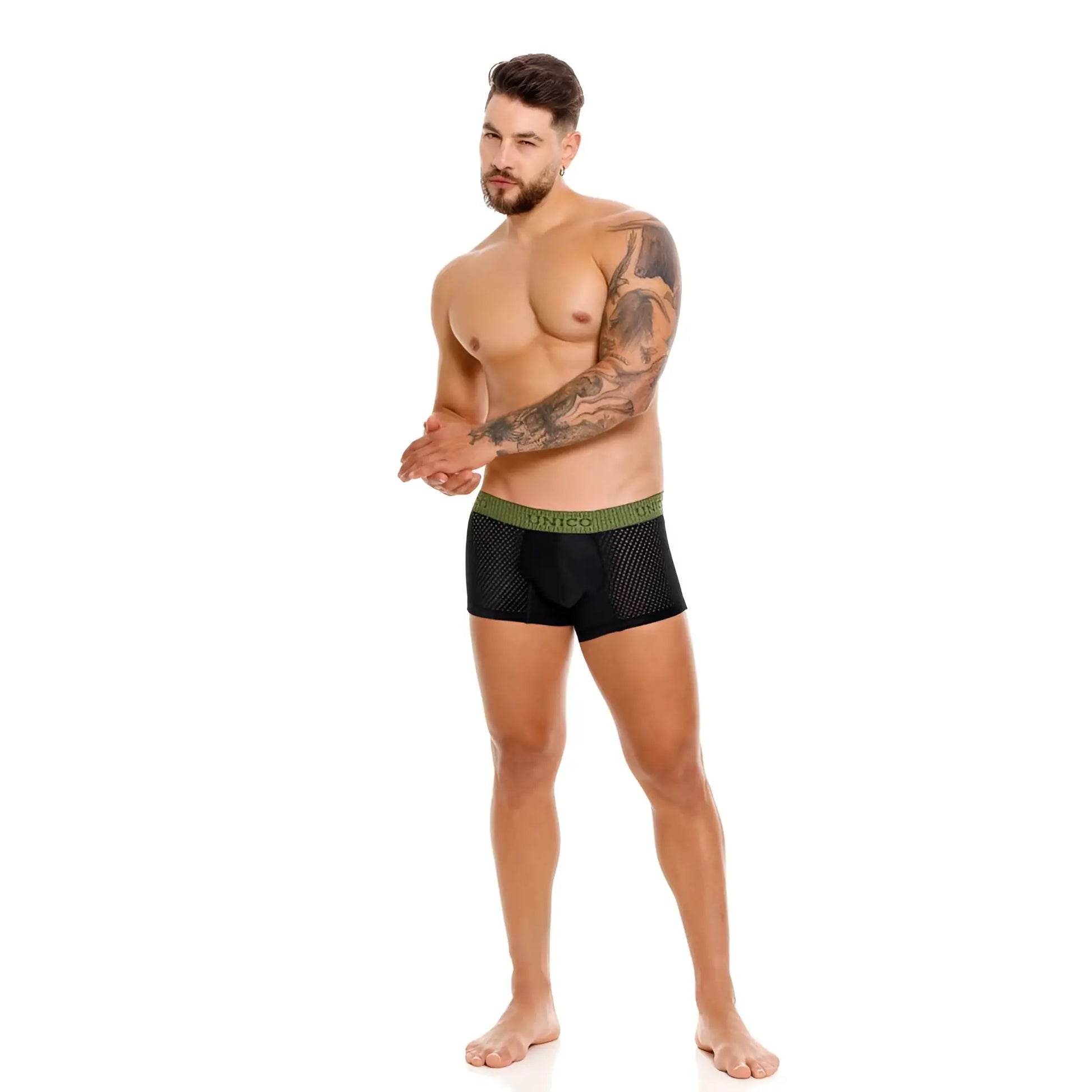Unico 25020100121 tribunal trunks black mesh boxer briefs with green elastic waistband front view