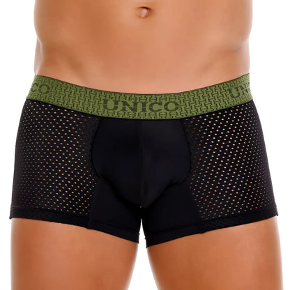 Black mesh unico 25020100121 tribunal trunks with olive green geometric waistband and dark unico branding