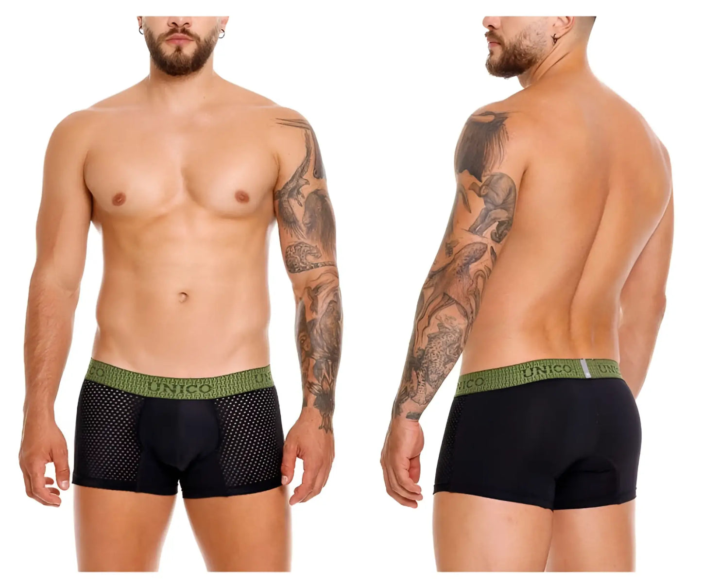 Unico 25020100121 tribunal trunks black mesh briefs with green elastic waistband and unico brand name