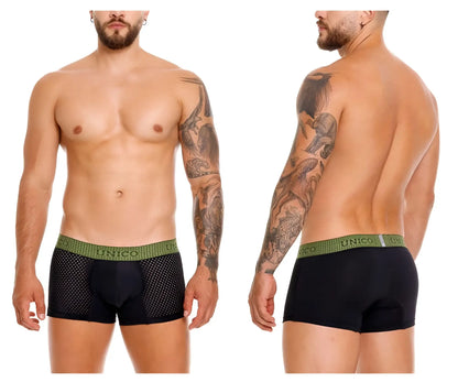 Unico 25020100121 tribunal trunks black mesh briefs with green elastic waistband and unico brand name