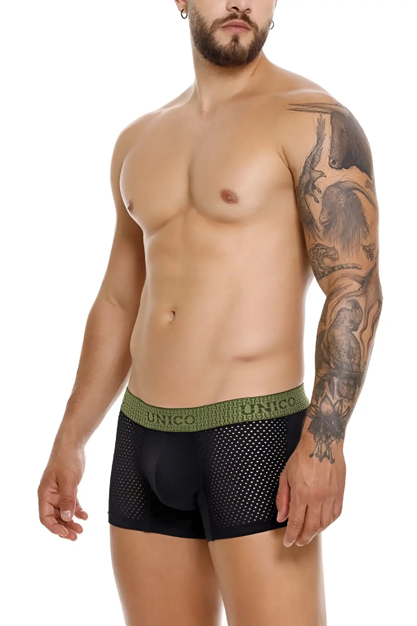 Black mesh unico 25020100121 tribunal trunks with olive green waistband featuring unico brand name pattern