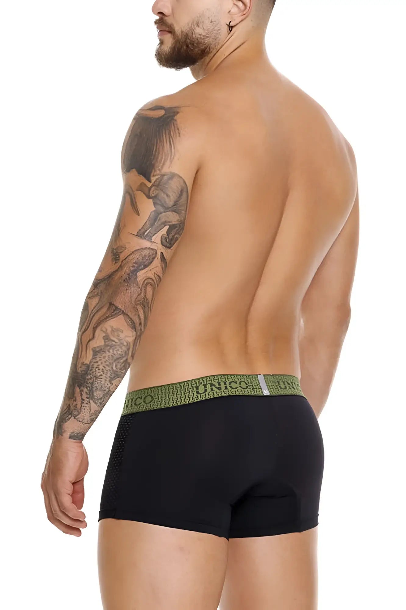 Black unico 25020100121 tribunal trunks briefs with olive green elastic waistband and white unico branding