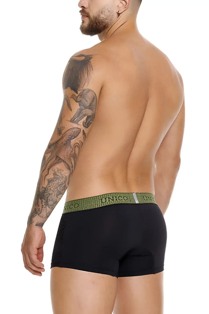 Black unico 25020100121 tribunal trunks briefs with olive green elastic waistband and white unico branding