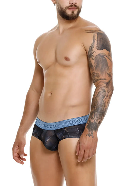 Black and blue patterned unico epitome briefs for men with textured waistband color 99 black front view