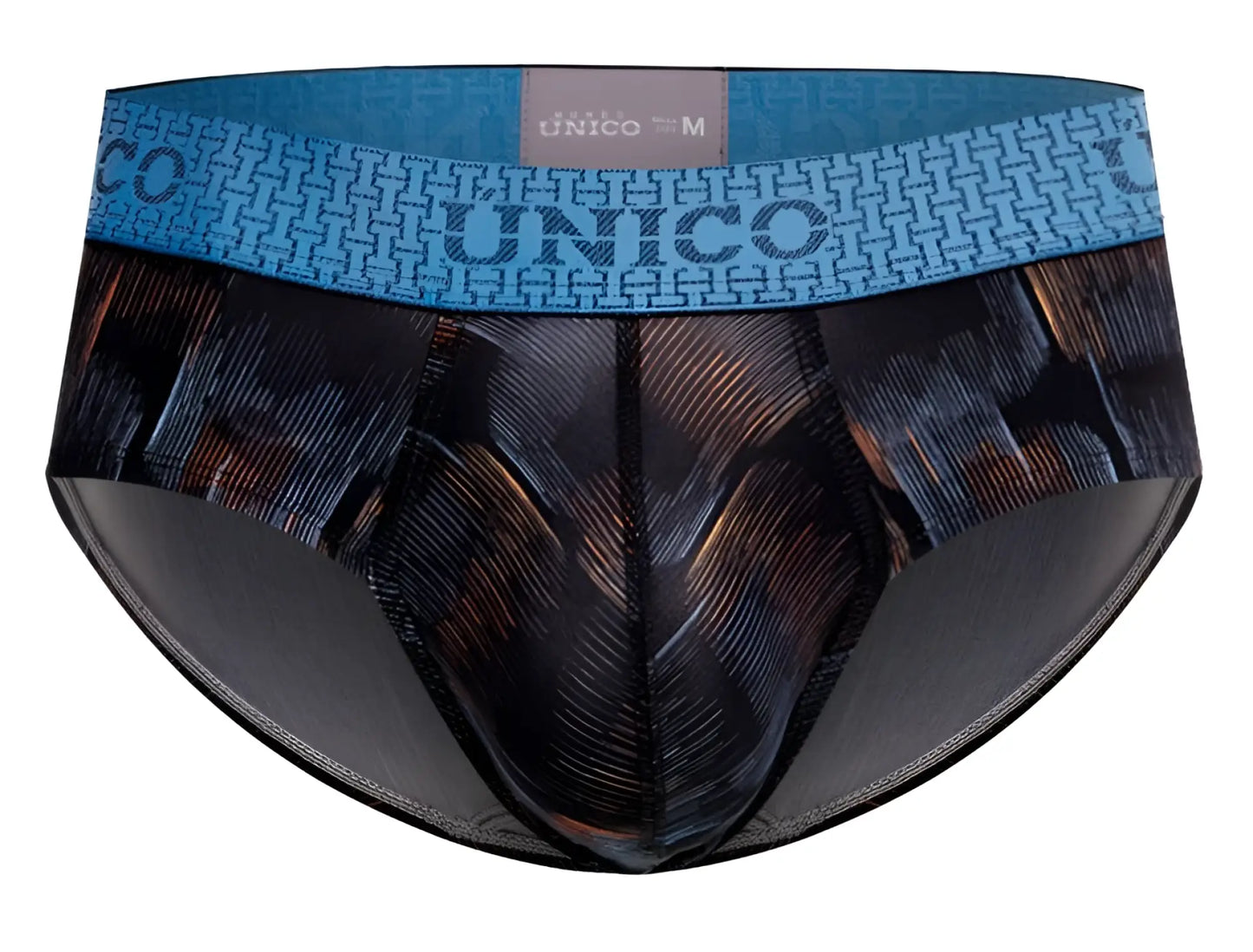 Unico 25020101102 Epitome briefs in black with blue and black patterned unico men’s briefs and geometric waistband design