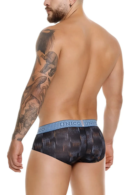 Unico 25020101102 Epitome briefs in black feature a blue patterned textured woven design for men