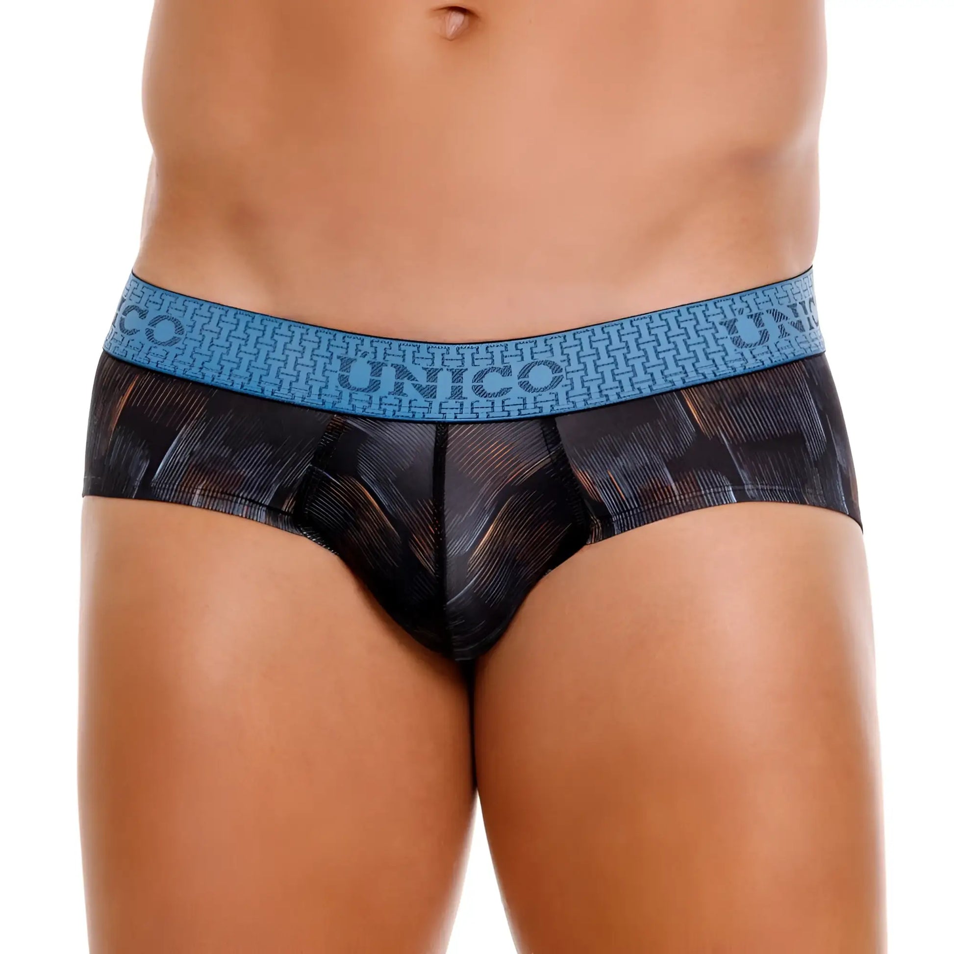 Unico epitome briefs 25020101102 in black featuring blue pattern and textured waistband for men