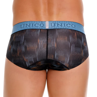 Black and brown patterned mesh unico epitome briefs with light blue waistband color 99 black front view