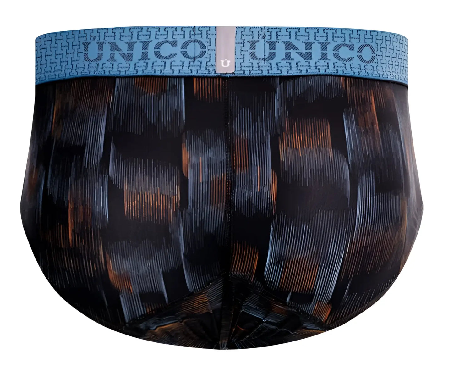 Unico epitome briefs in black with orange geometric pattern and blue waistband featuring brand name