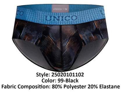 Unico epitome black patterned briefs with blue waistband featuring unico brand logo for comfortable daily wear