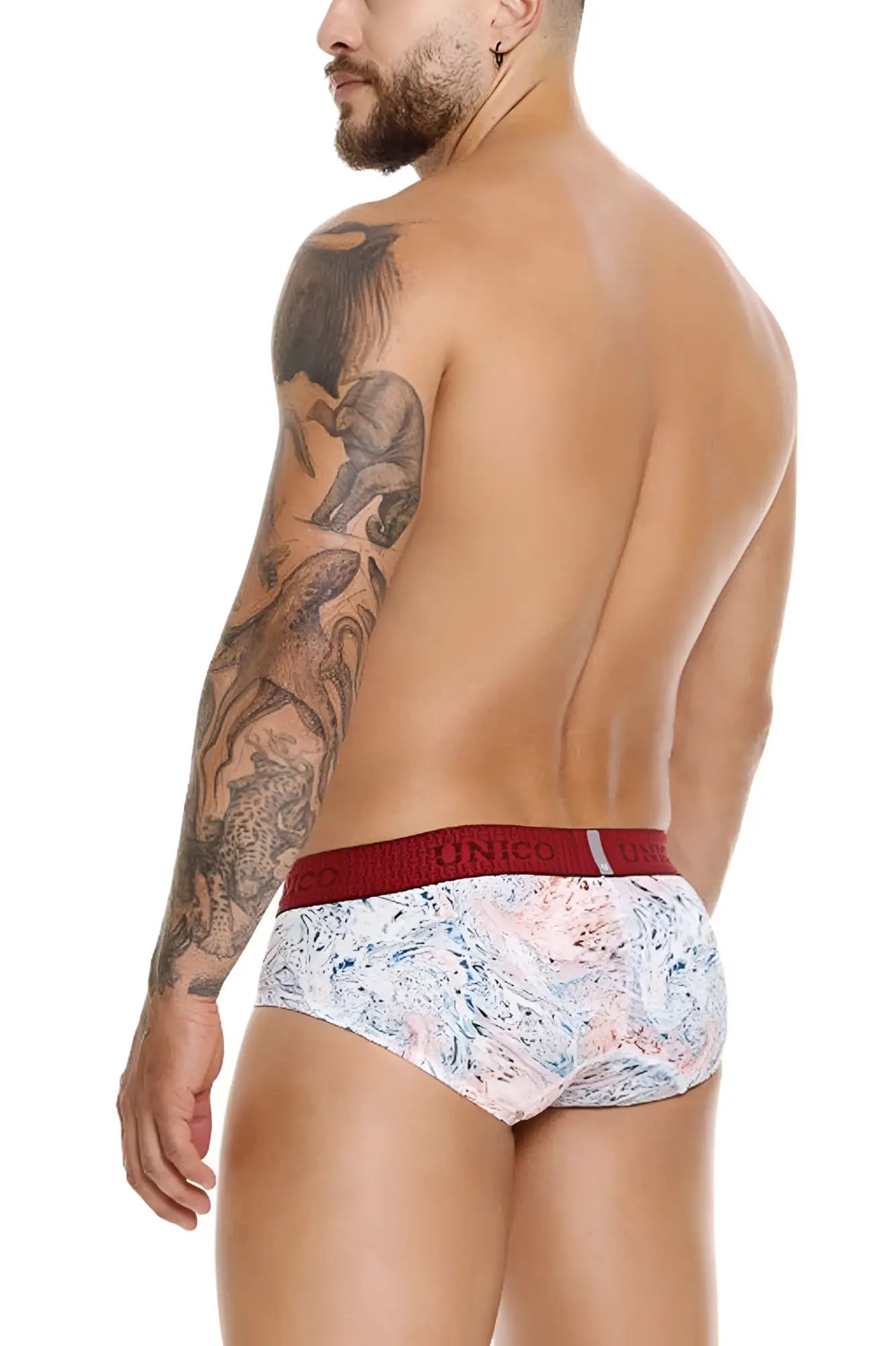 Unico 25020101103 rizo briefs white white briefs with pink and blue marble pattern and red elastic waistband