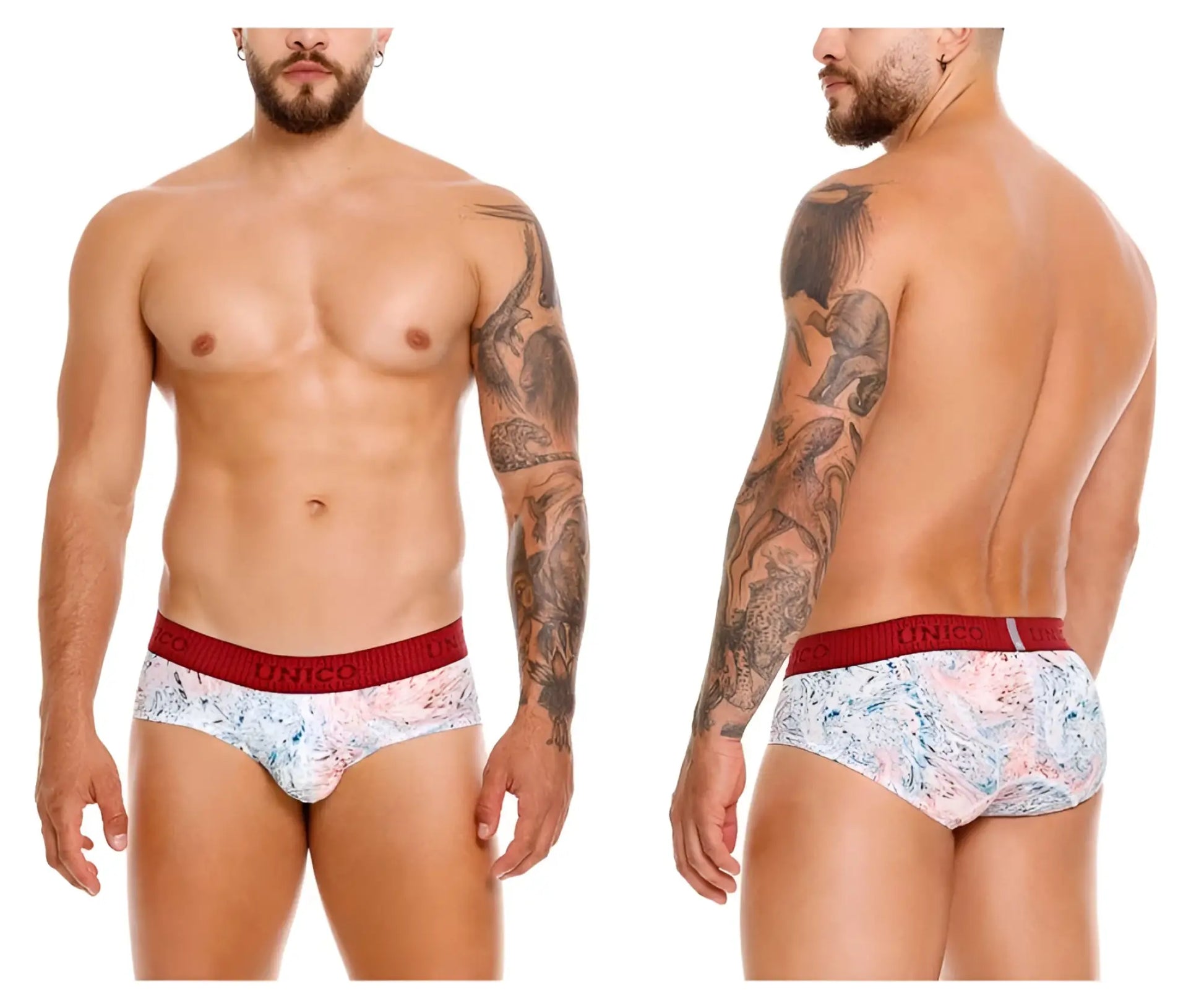 Unico rizo briefs in white with a pink pattern and red elastic waistband featuring the unico brand name