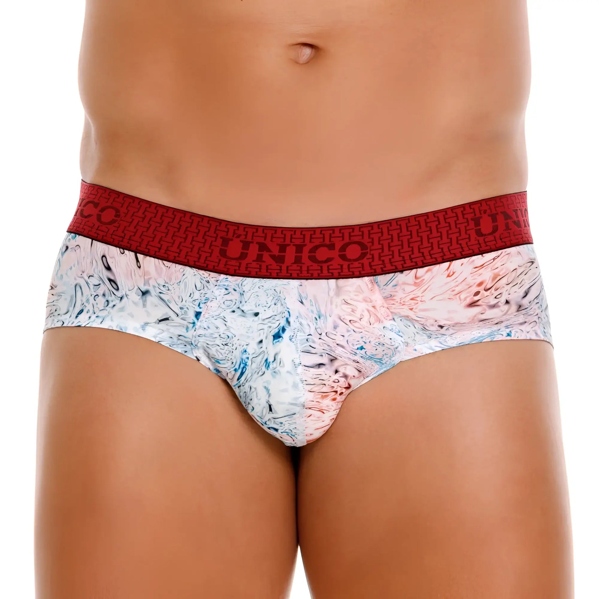 Unico 25020101103 rizo briefs with red and white marbled pattern and bold red waistband in white color