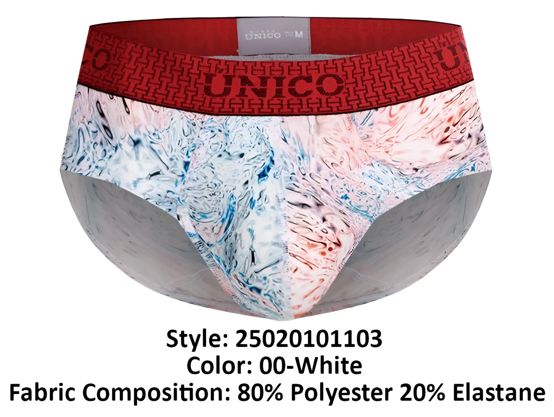 Red and white patterned unico 25020101103 rizo briefs with a marble-like design for men in white color
